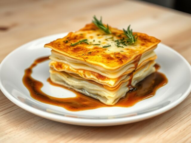 Aardappellasagna met gorgonzola, fonduta en saus