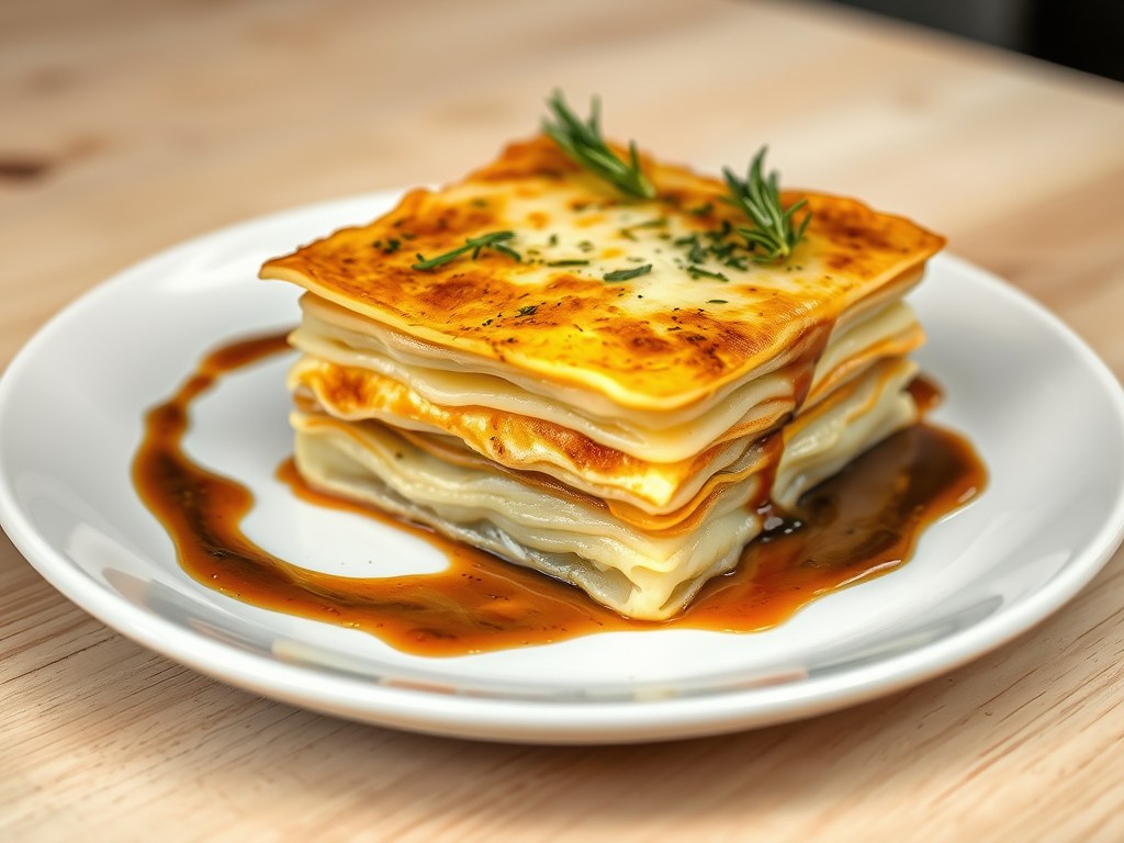 Aardappellasagna met gorgonzola, fonduta en saus, AI-gegenereerde illustratie