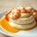 Aardappelmousseline met garnalen en een kreeftenbotersausje