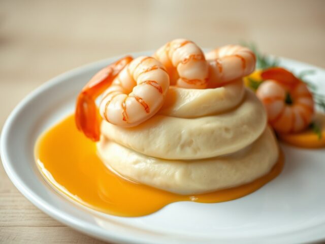 Aardappelmousseline met garnalen en een kreeftenbotersausje