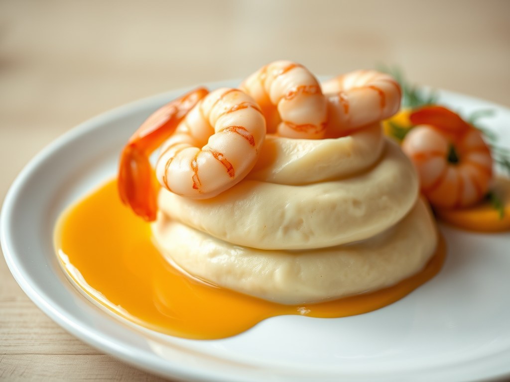 Aardappelmousseline met garnalen en een kreeftenbotersausje, AI-gegenereerde illustratie