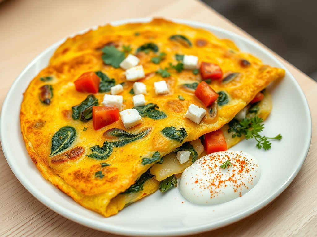 Aardappelomelet met spinazie en feta, AI-gegenereerde illustratie