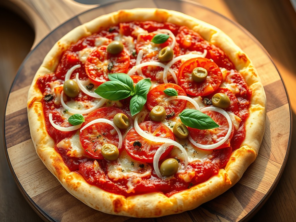 Aardappelpizza met tomaten, AI-gegenereerde illustratie