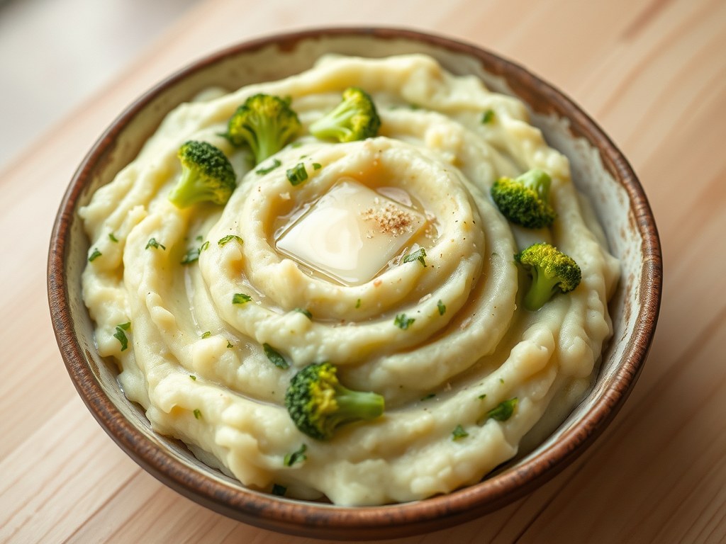 Aardappelpuree met broccoli, AI-gegenereerde illustratie