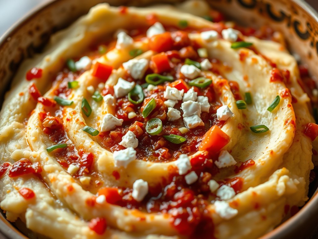 Aardappelpuree met feta en pesto uit de oven, AI-gegenereerde illustratie
