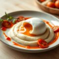 Aardappelpuree met gepocheerd ei, chorizo en tomatencoulis