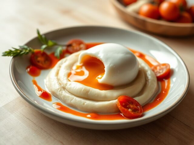 Aardappelpuree met gepocheerd ei, chorizo en tomatencoulis