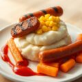Aardappelpuree met mais en gegrilde hotdog