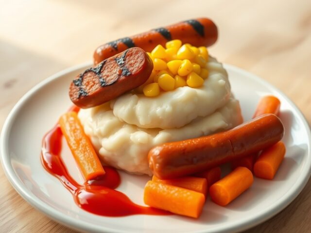 Aardappelpuree met mais en gegrilde hotdog