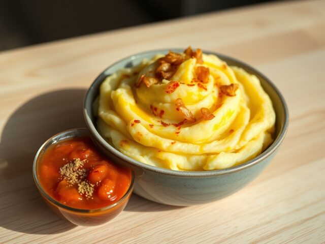 Aardappelpuree met uien en boemboe