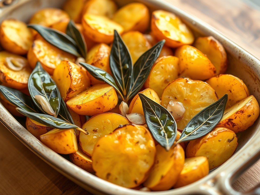 Aardappels geroosterd met laurierblaadjes, AI-gegenereerde illustratie