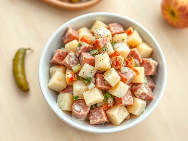 Aardappelsalade met ardennerboterhamworst en appel