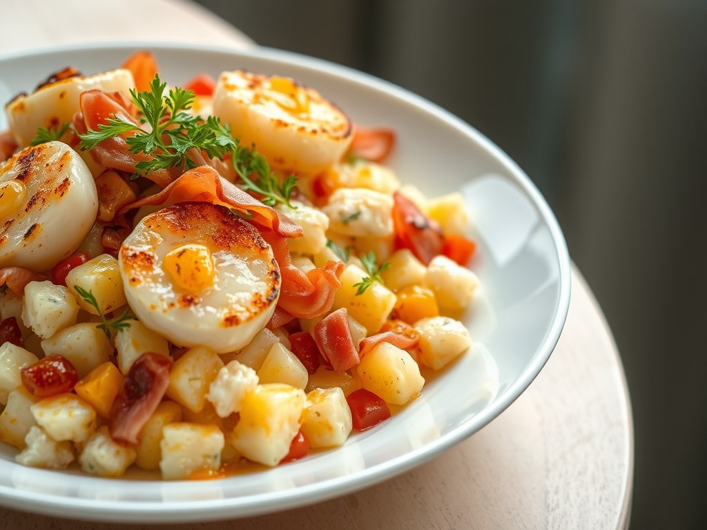 Aardappelsalade met Sint-Jakobsvruchten (zie opm, AI-gegenereerde illustratie