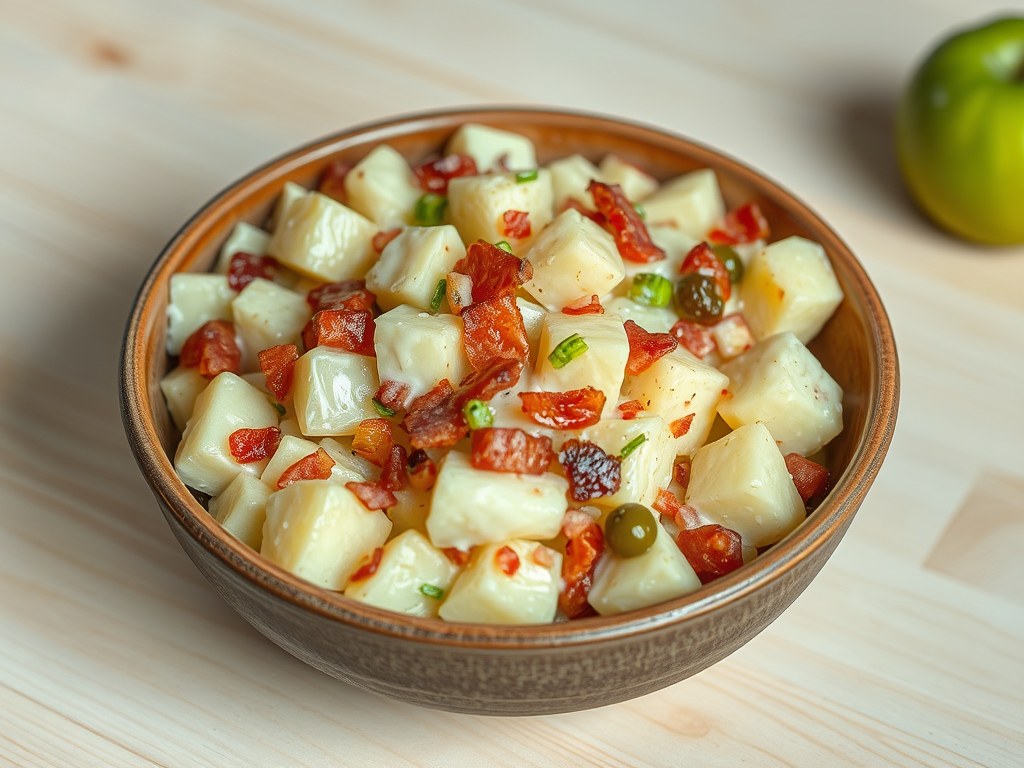 Aardappelsalade met spekjes, AI-gegenereerde illustratie