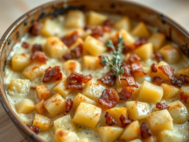 Aardappelschotel met prei en spekjes