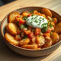 Aardappelschotel met tomaten, witte bonen en hybiscus