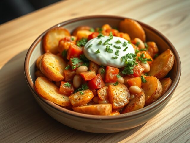 Aardappelschotel met tomaten, witte bonen en hybiscus