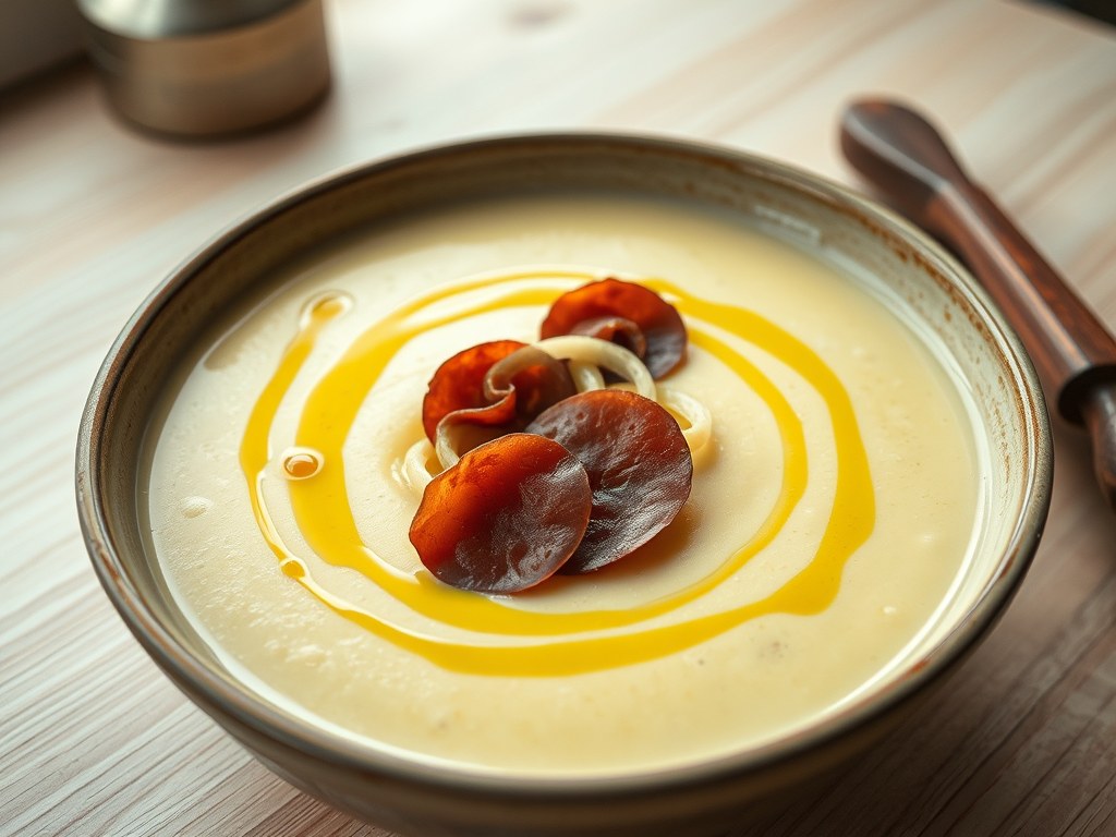 Aardappelsoep met Filet d’Anvers, AI-gegenereerde illustratie