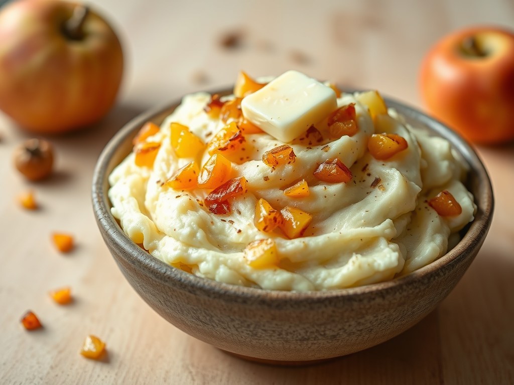 Aardappelstamppot met appel en abrikoos, AI-gegenereerde illustratie