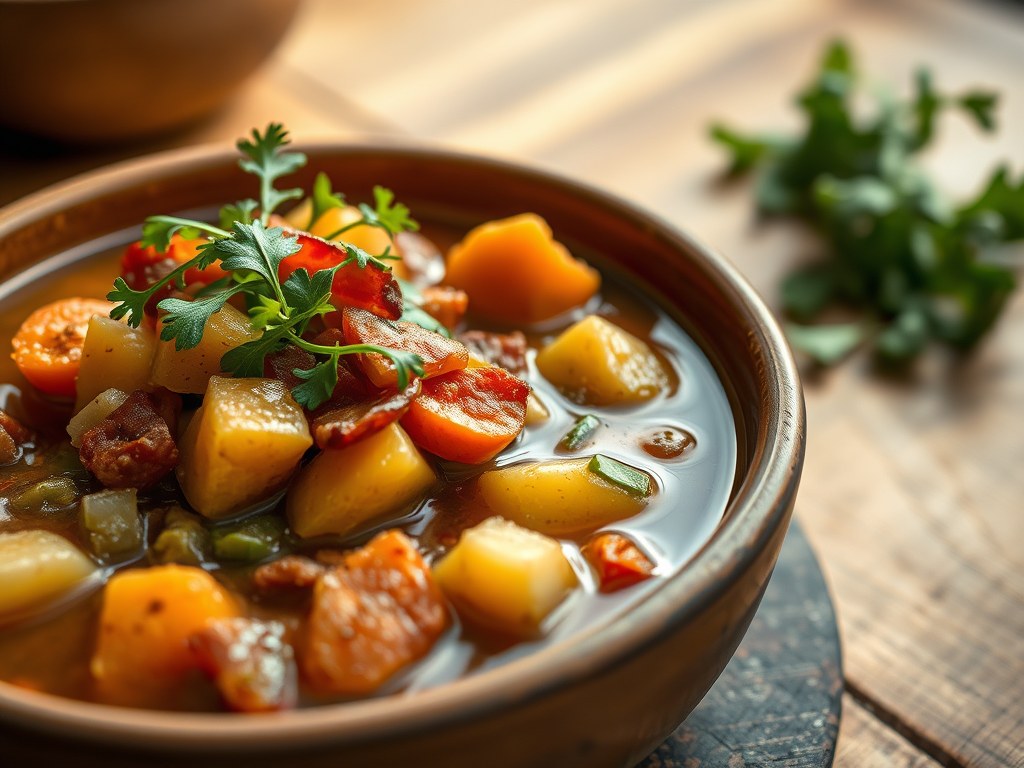 Aardappelstoofschotel met spek, AI-gegenereerde illustratie
