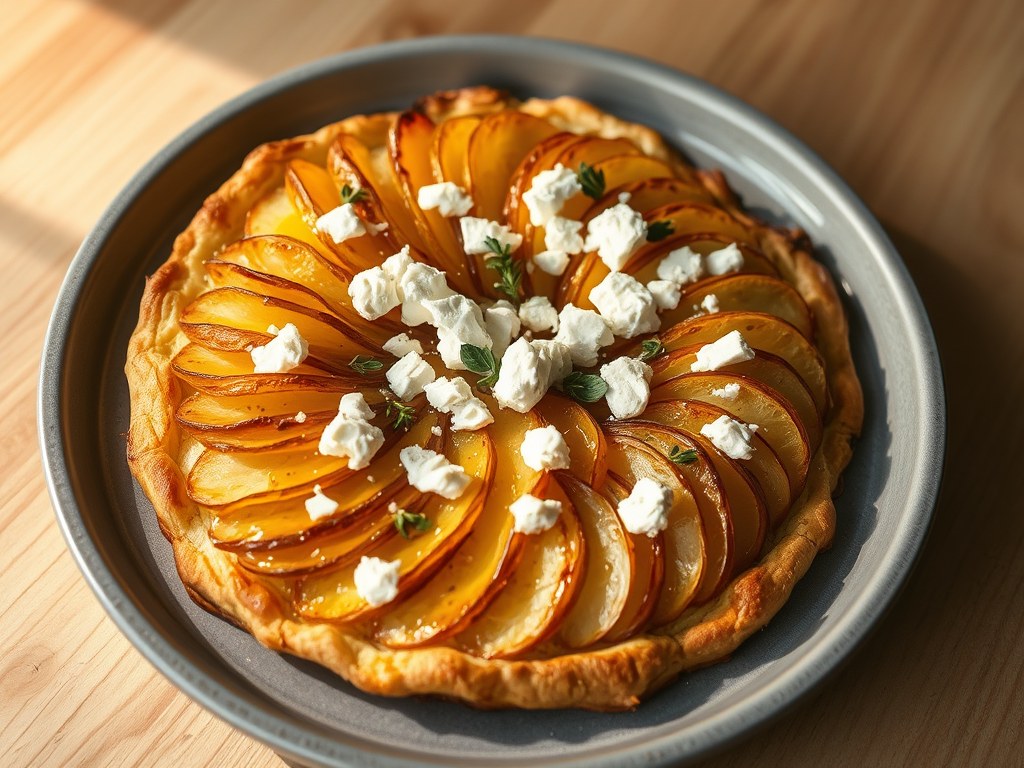 Aardappeltaart met geitenkaas en honing, AI-gegenereerde illustratie
