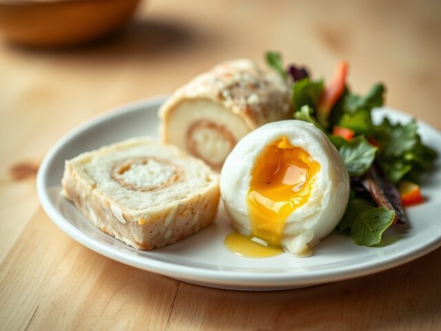 Aardappelterrine, salade en gepocheerd ei