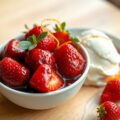 Aardbeien met bessengelei + roomijs