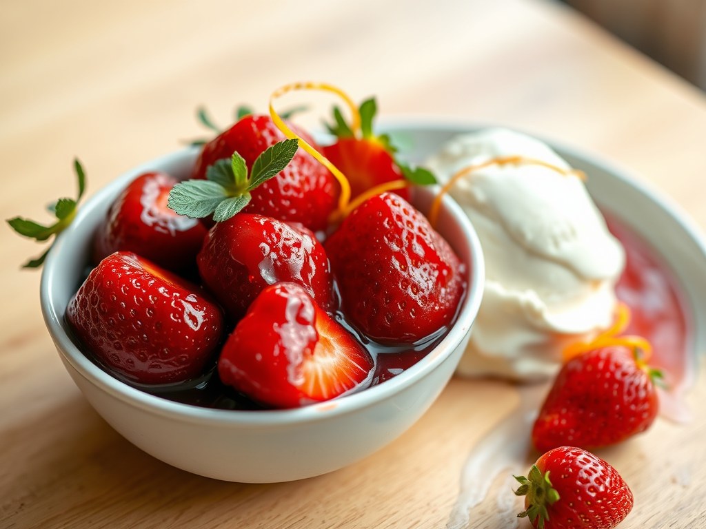 Aardbeien met bessengelei + roomijs, AI-gegenereerde illustratie