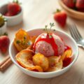 Aardbeiensorbet met dragon en appelchips