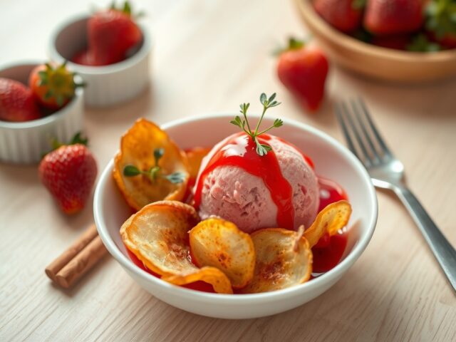 Aardbeiensorbet met dragon en appelchips