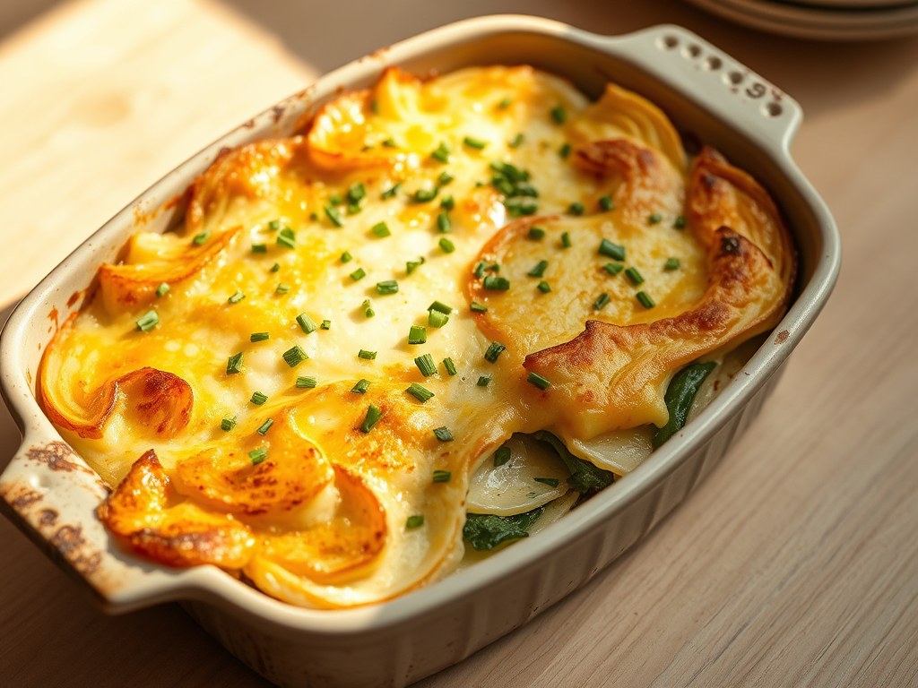Aardperengratin met japanse kwee, AI-gegenereerde illustratie