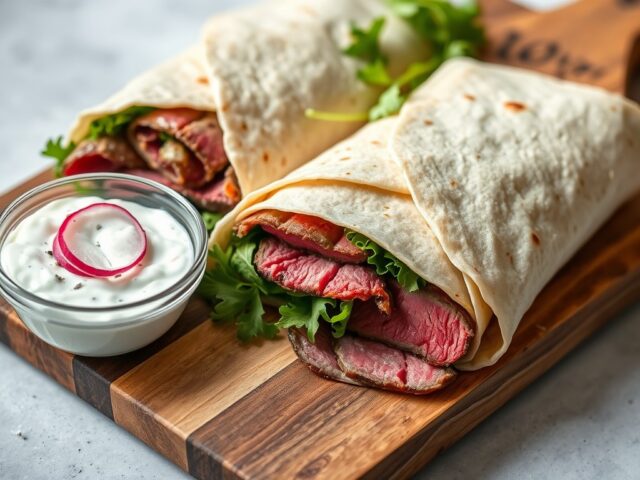 Aberdeen Angus wraps met waterkers en radijsraita