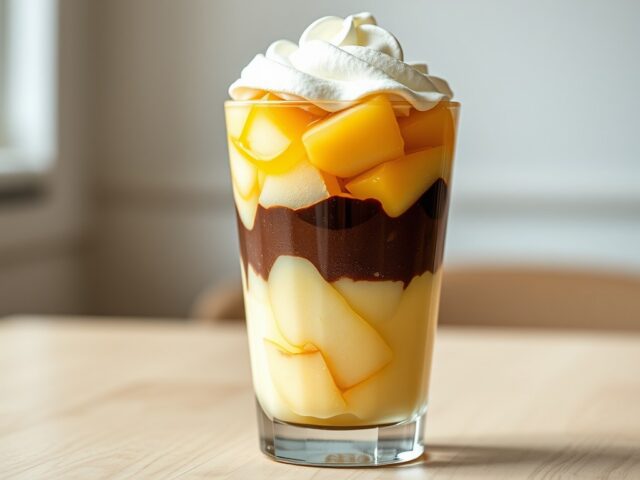 Advocaatvanillevla met chocoladvla peer en slagroo