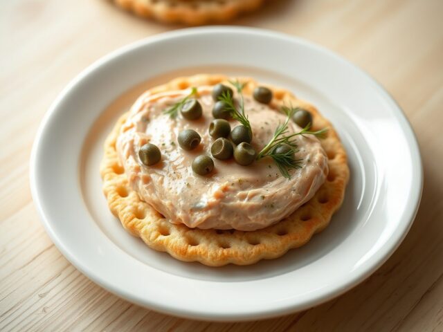 Amandelkletskop met zalmpaté en kappertjes