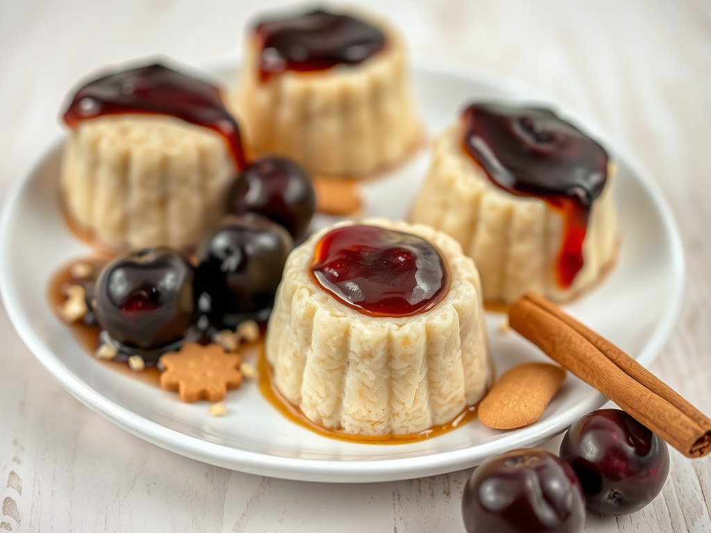 Amaretto griesmeelpuddinkjes met pruimen, AI-gegenereerde illustratie