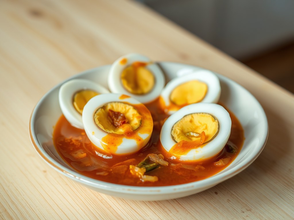 Ame koemoete – ei in indonesische saus, AI-gegenereerde illustratie