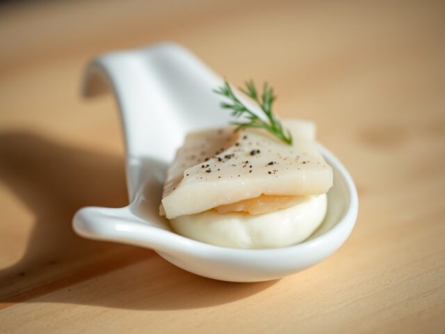 Amuse: Gerookte pangasiusfilet met Hüttenkäse