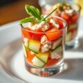 Amuse van komkommer-tomaat en tonijn