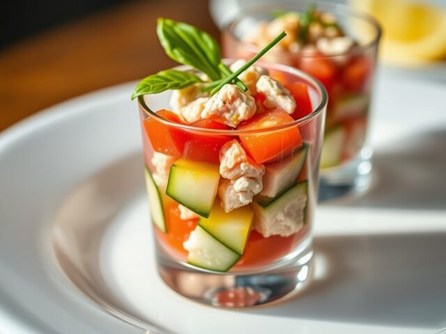 Amuse van komkommer-tomaat en tonijn