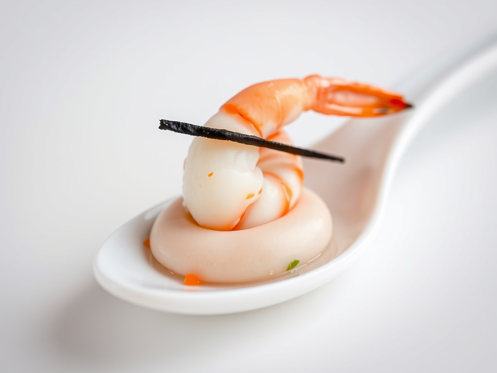 Amuse van krabmousse en scampies, AI-gegenereerde illustratie