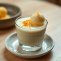 Amuse van schuimige bloemkool mousse met kerrie-ijs