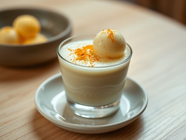 Amuse van schuimige bloemkool mousse met kerrie-ijs