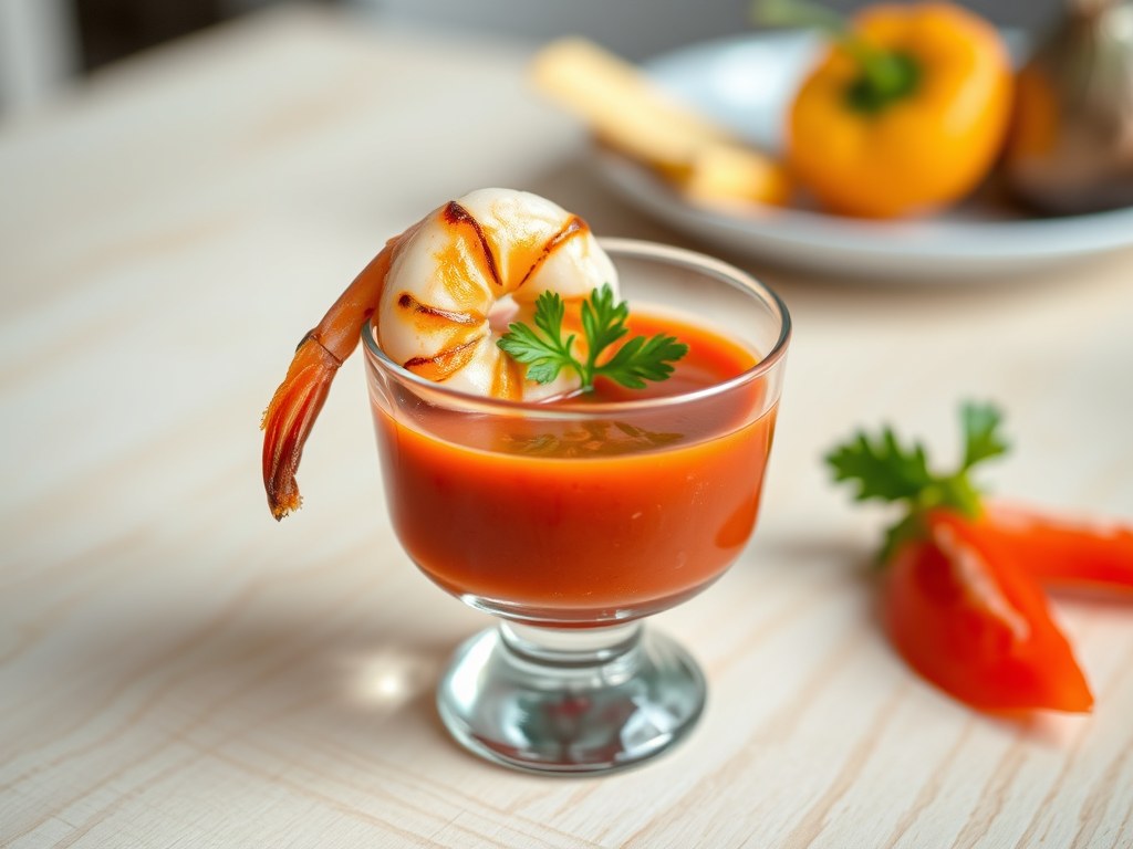Amuseglaasje met gazpacho en Gamba, AI-gegenereerde illustratie