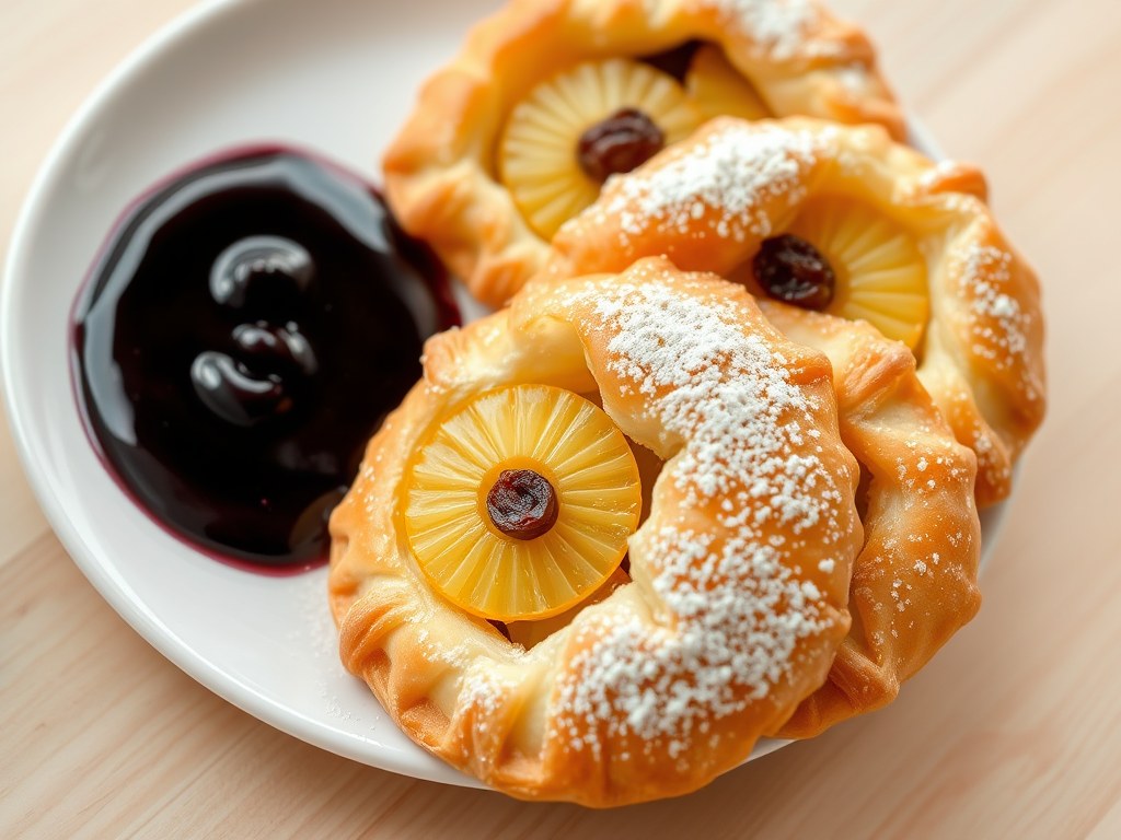 Ananas halve maantjes met bosbessensaus, AI-gegenereerde illustratie