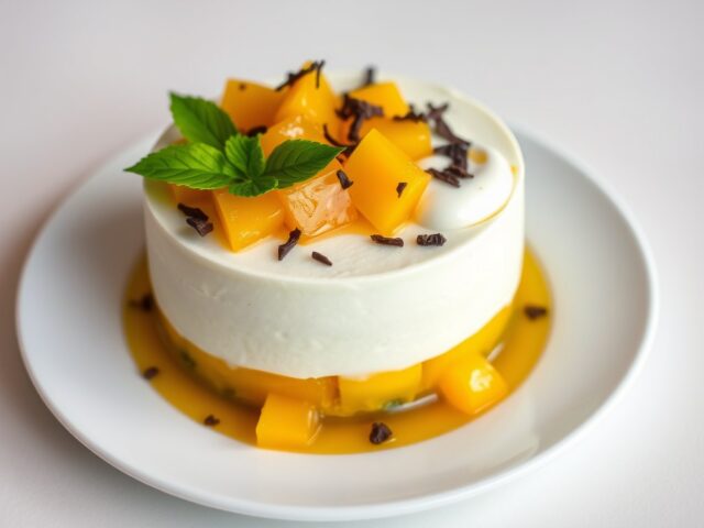 Ananas, mango, basilicum en chocolade puur dessert