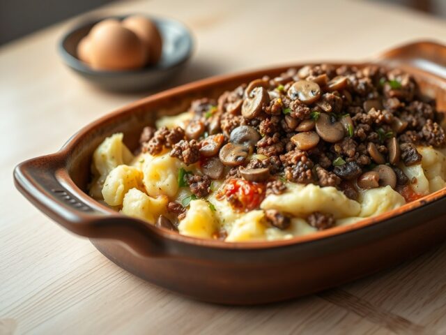 Andijvie-gehaktschotel met champignonsaus