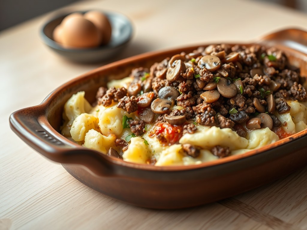 Andijvie-gehaktschotel met champignonsaus, AI-gegenereerde illustratie