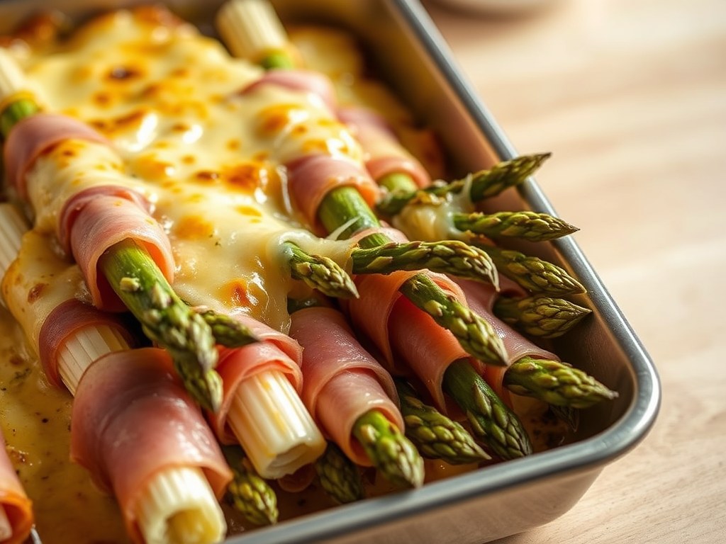 Asperge’s uit de oven met ham en kaas, AI-gegenereerde illustratie