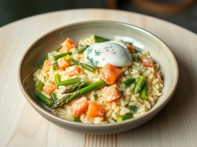 Aspergerisotto met zalm & eitje