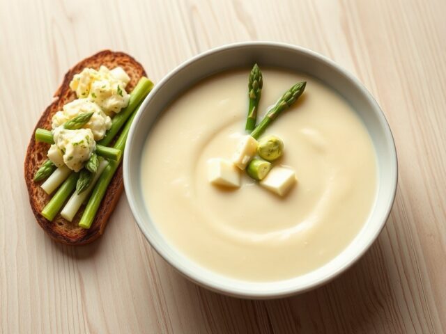 Aspergeroomsoep met eiersalade op sneetje Limburgs roggebrood